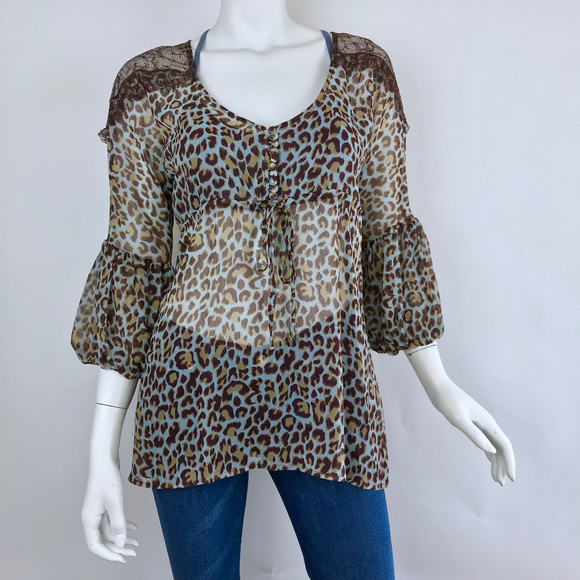 {BCBGMaxAzria} Blue Leopard Bell Sleeve Blouse - Picture 1 of 6